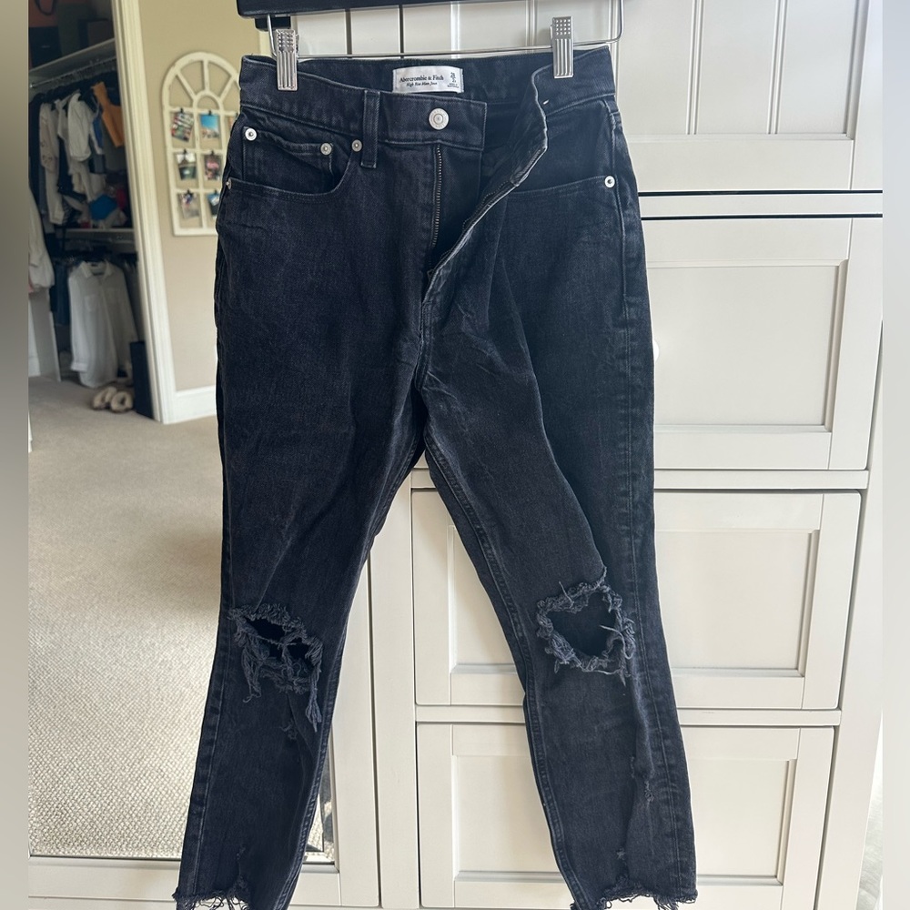 Abercrombie Black Ripped High Rise Mom Jean